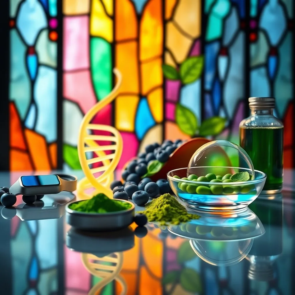 Dispositivos de biohacking y suplementos en un escritorio minimalista, con un brillo futurista.