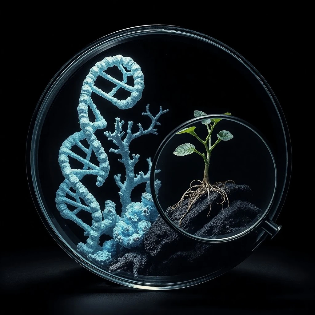 Imagen de un laboratorio con placas de Petri brillantes y un microscopio, simbolizando la investigación genética.