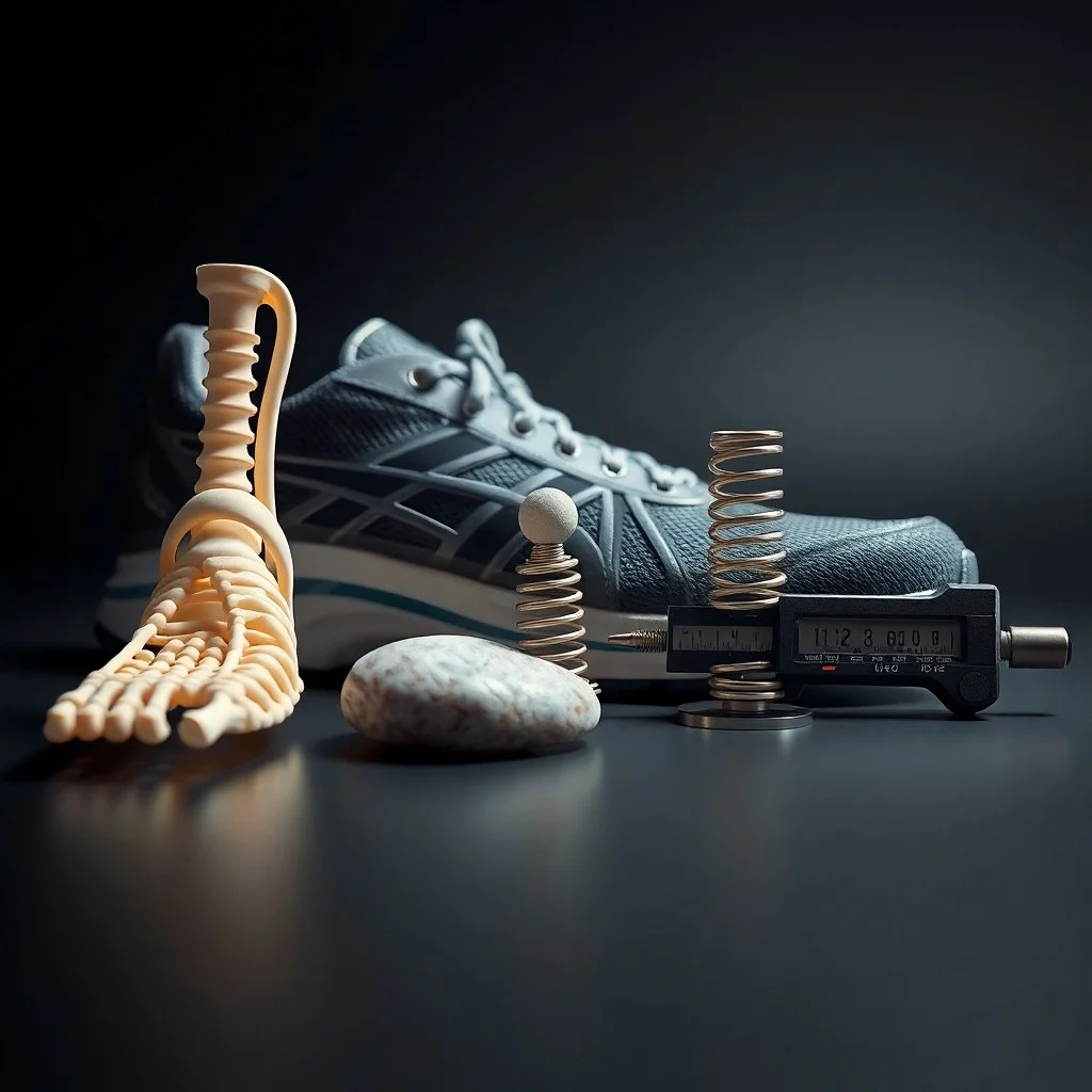 Fotografía cinematográfica de bodegón de una zapatilla de correr de alta tecnología con sensores, sobre una tableta que muestra datos de análisis de la marcha y gráficos espectrales. Un calibrador de precisión y un modelo anatómico de pie articulado están cerca, iluminados con luz fría y analítica.