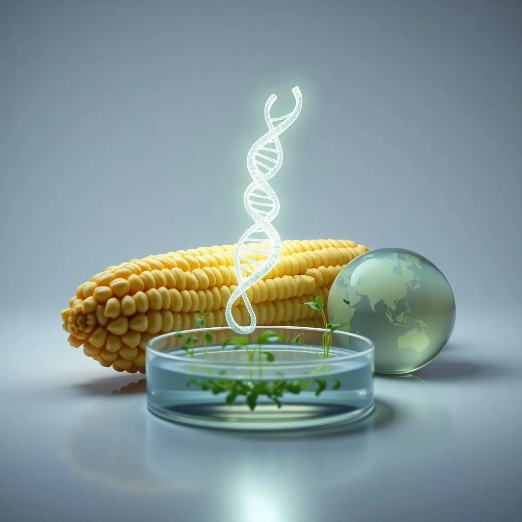Primer plano de una placa de Petri con una plántula de planta genéticamente modificada y herramientas científicas, simbolizando la precisión de la biotecnología.