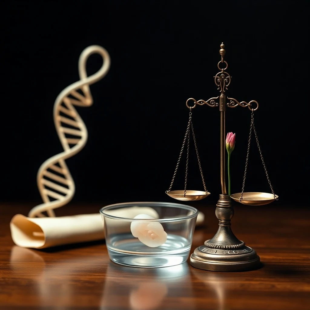 Libro de medicina reproductiva abierto con una escultura de ADN, simbolizando la convergencia de la ciencia y la ética en la fertilidad.