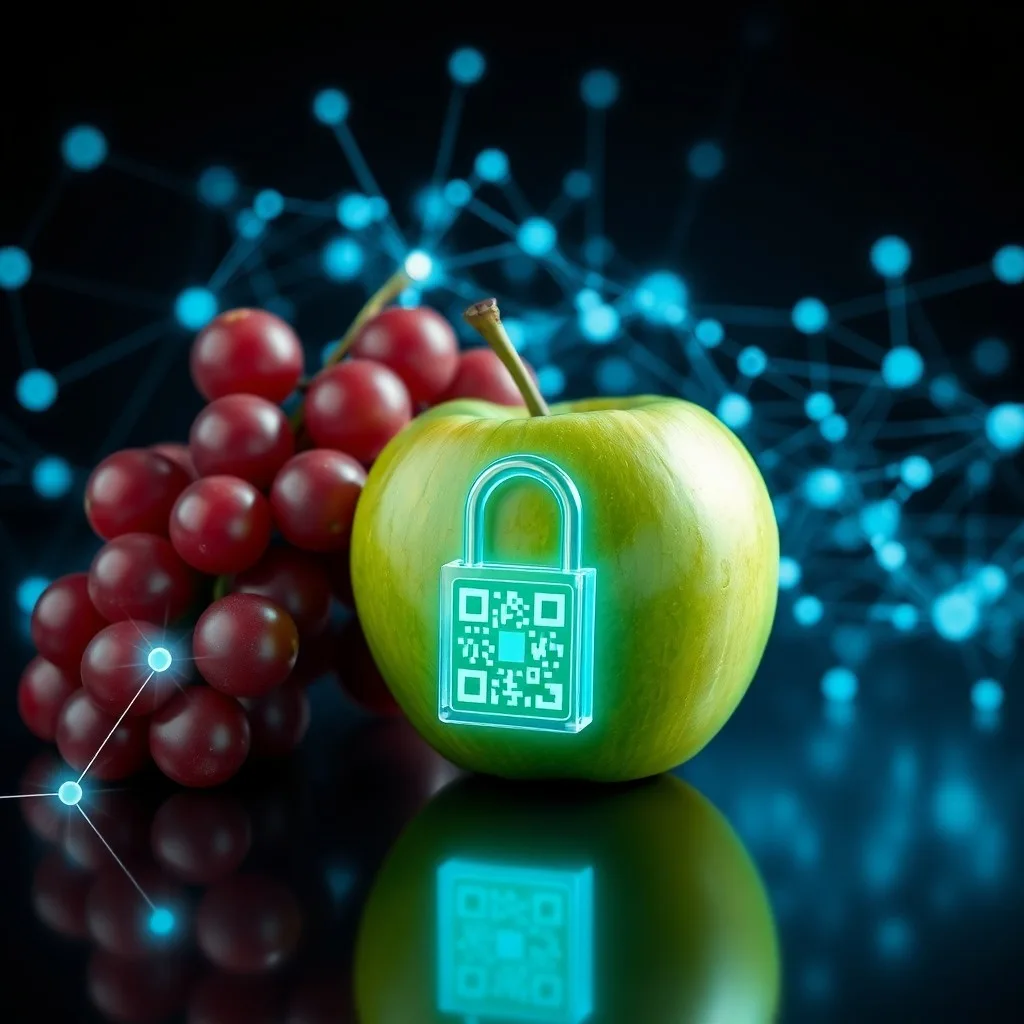 Bodegón cinemático de una tablet mostrando un libro de contabilidad blockchain junto a productos frescos y un código QR, iluminado con luz analítica.