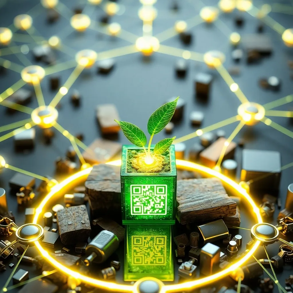 Fotografía cinematográfica de bodegón: una pila de etiquetas de productos reciclados y desgastados con códigos QR, sobre una superficie de madera pulida, iluminada por una luz cálida y suave. Al fondo, patrones borrosos de engranajes y circuitos sugieren procesos industriales y tecnología.