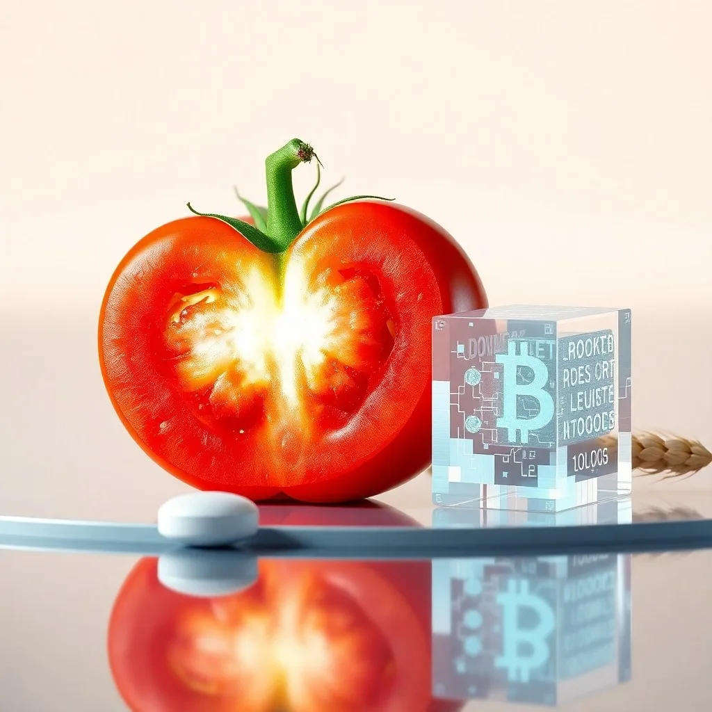 Un tomate maduro yace sobre una tableta digital que muestra un código QR y un registro detallado de su viaje. El fondo es un laboratorio moderno o un entorno agrícola de alta tecnología.