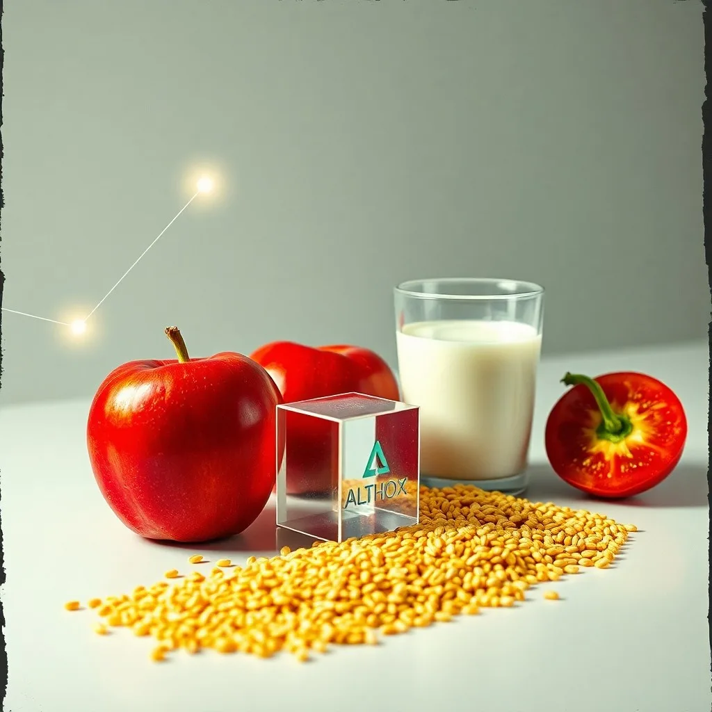 Una pila de bloques de datos transparentes y brillantes se entrelazan con productos frescos y orgánicos, como verduras de hoja verde y tubérculos. La escena está bañada en una luz etérea.