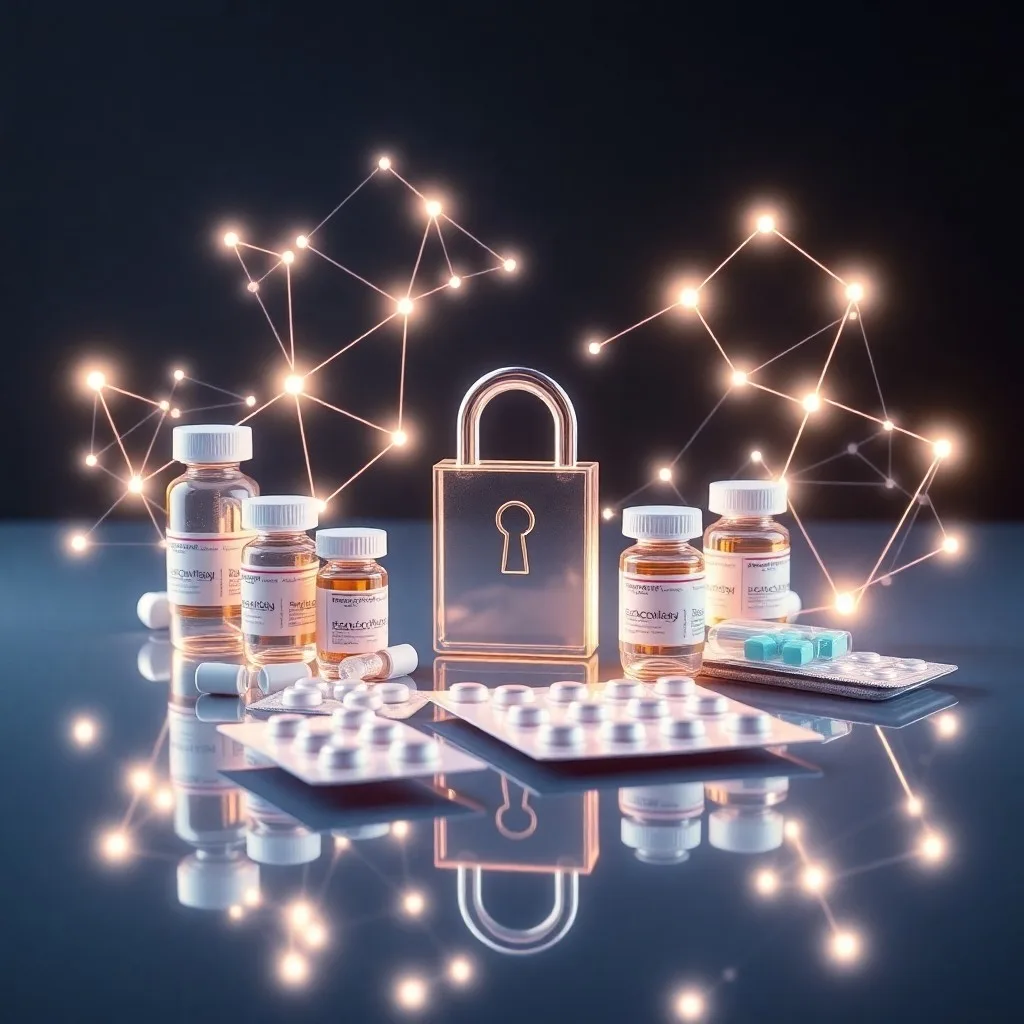 Escena de bodegón con un blíster farmacéutico, una tableta digital mostrando un libro mayor de blockchain y una lupa