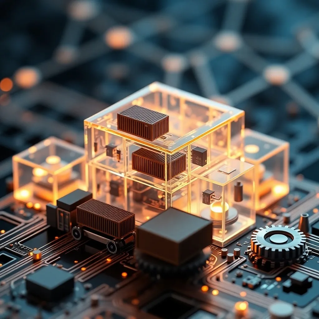 Arte conceptual de engranajes transparentes e interconectados hechos de luz, simbolizando la precisión y automatización de los contratos inteligentes en un fondo etéreo.