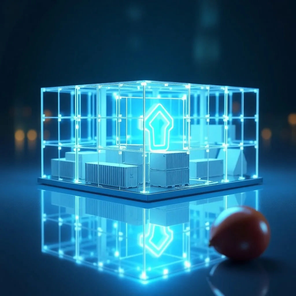 Manifiestos de envío y libros de contabilidad antiguos junto a una interfaz holográfica con bloques de datos cifrados, simbolizando la digitalización de la logística.