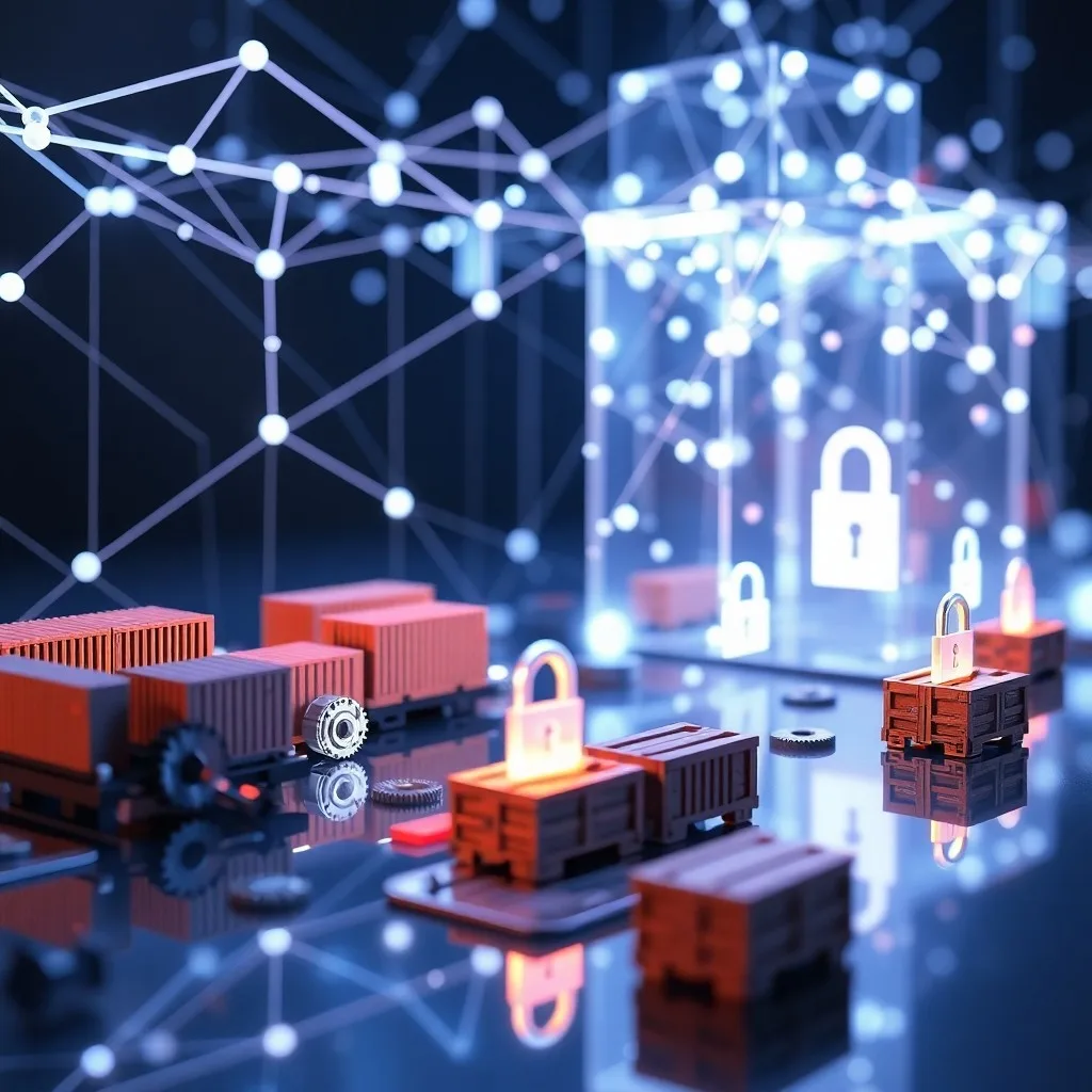 Escritorio de oficina con un portátil mostrando un libro mayor de blockchain y miniaturas 3D de elementos de la cadena de suministro.