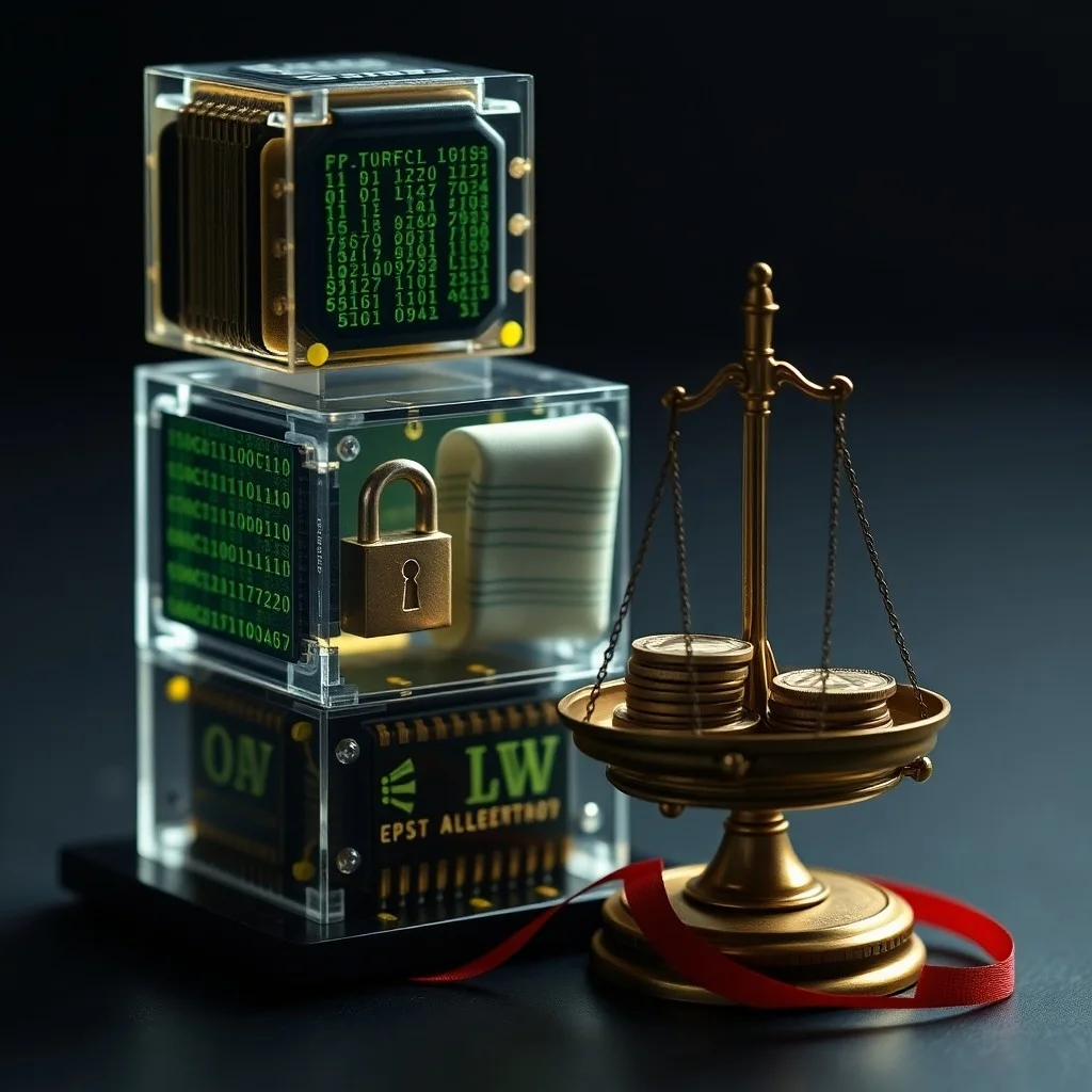 Libro de leyes abierto con proyección holográfica de código y firma digital