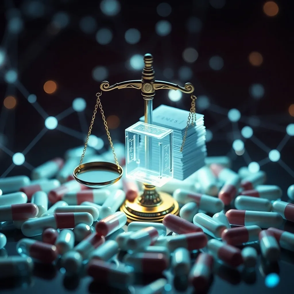 Pila de documentos legales y carpetas regulatorias con una proyección holográfica de flujos de datos y símbolos criptográficos.