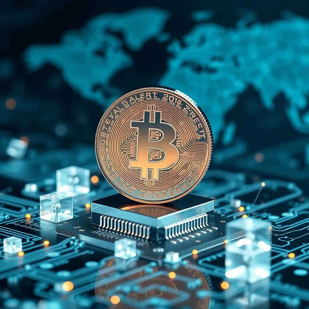 Pila de monedas digitales sobre un libro de contabilidad con proyecciones holográficas de monedas fiduciarias