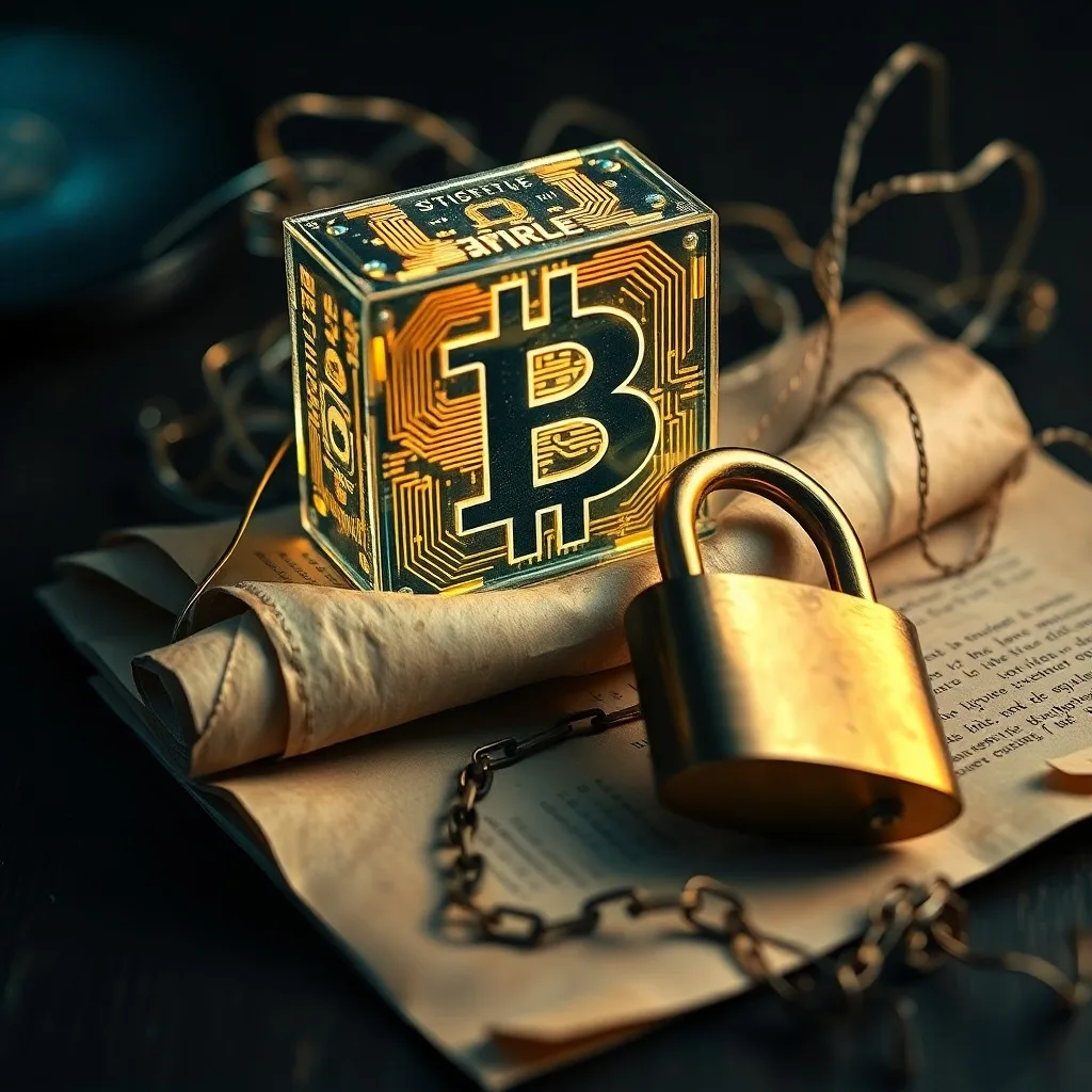 Bodegón cinematográfico de un tomo legal antiguo abierto sobre un escritorio de caoba, con una proyección holográfica de nodos blockchain y código, y una pieza de arte digital etérea flotando, simbolizando la colisión entre la ley tradicional y los activos digitales.