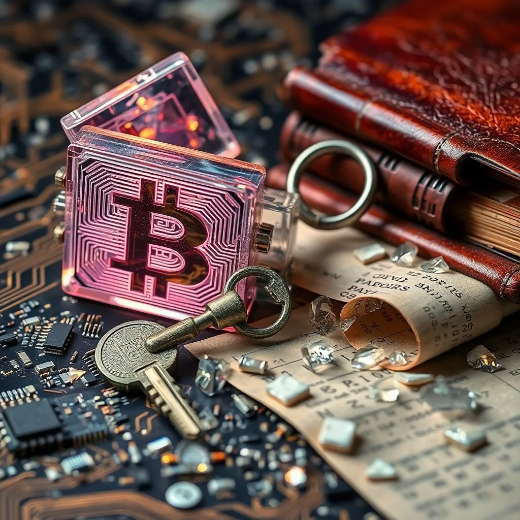 Mosaico fragmentado de píxeles digitales y pergaminos tradicionales, medio sumergido en un vórtice de código binario. Los pergaminos muestran textos legales antiguos, mientras que los píxeles forman claves criptográficas y contratos inteligentes, bajo una iluminación dramática que sugiere una transición turbulenta.