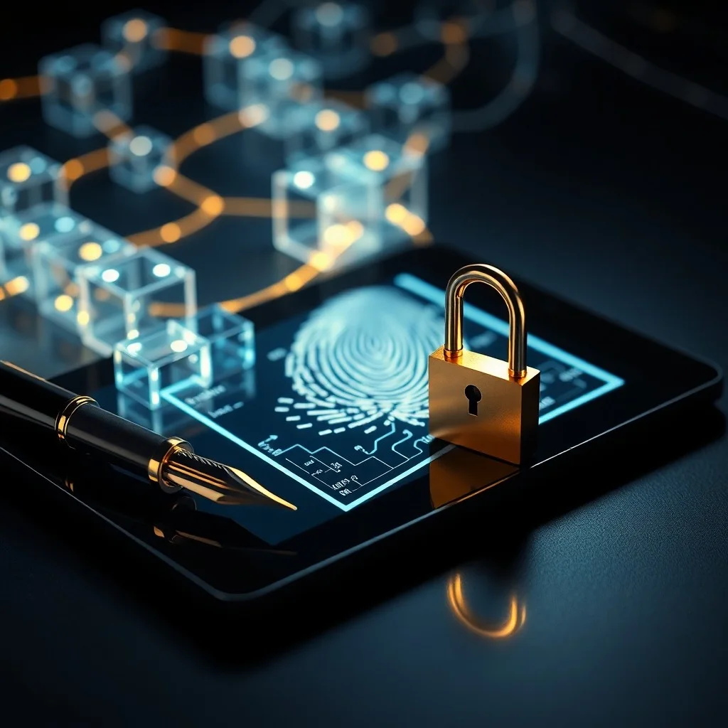 Libro legal antiguo abierto con una red blockchain superpuesta, rodeado de dispositivos digitales con arte NFT y código de contratos inteligentes.