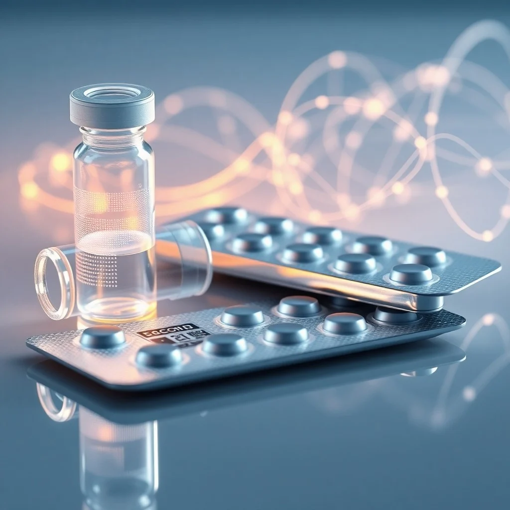 Viales y píldoras en un laboratorio con superposiciones de datos digitales en una fotografía cinematográfica.