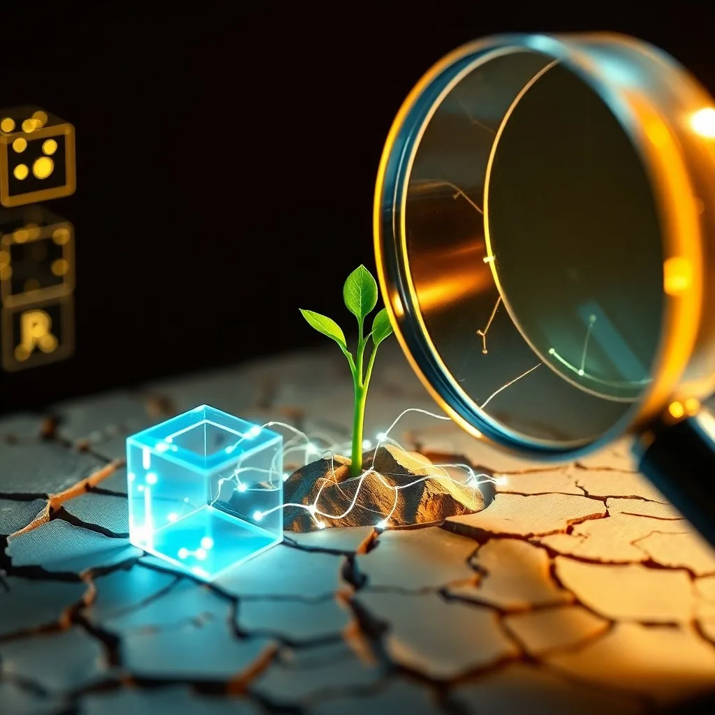 Bodegón con balanza digital, microchip y libro de contabilidad holográfico.