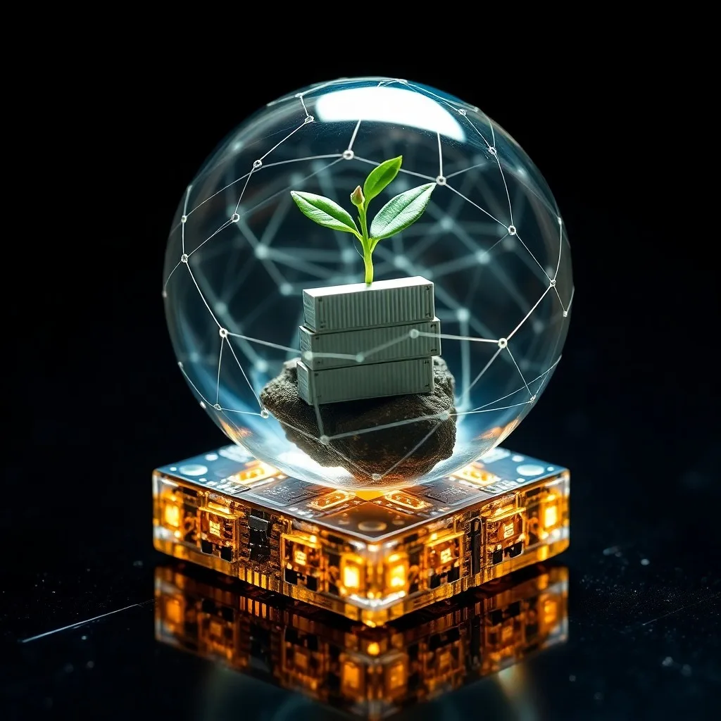 Pintura acuarela de hoja verde con icono de blockchain y fábrica limpia.