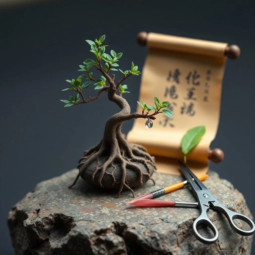 Un antiguo pergamino japonés con ilustraciones de paisajes montañosos y árboles en miniatura, junto a un pincel de caligrafía y tinta.