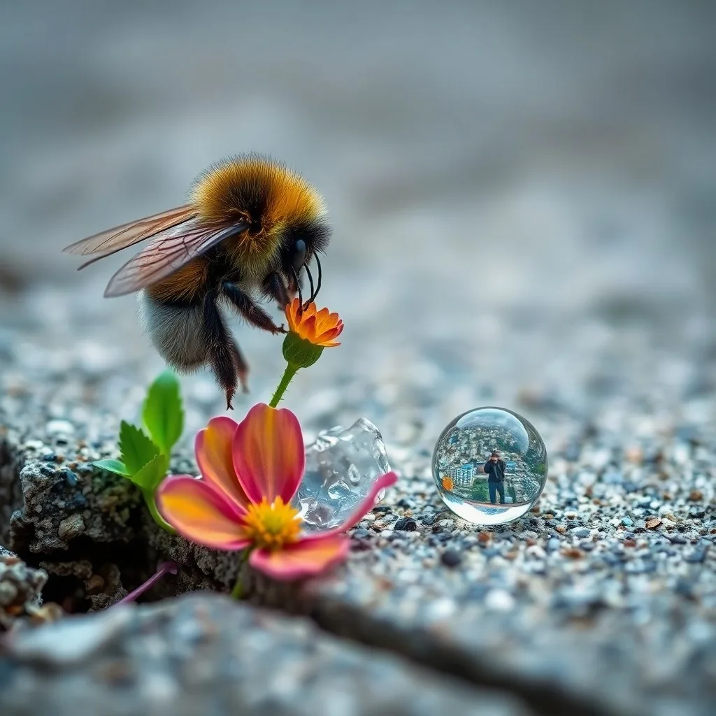 Fotografía cinematográfica de un hotel de abejas de madera entre flores silvestres