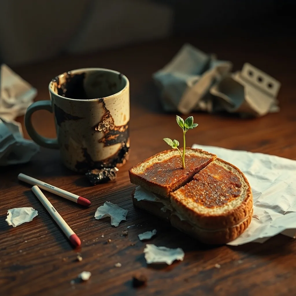 Pintura acuarela de un espacio de trabajo sereno con una planta y una taza de té, simbolizando la recuperación y el bienestar.