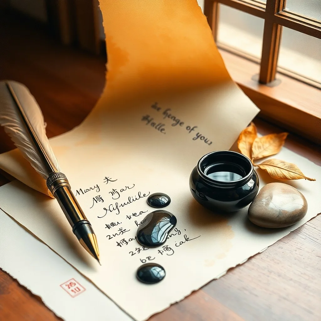 Una composición de herramientas antiguas de caligrafía: plumas, tinteros y pergaminos sobre una mesa de madera.