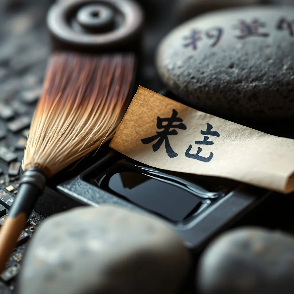 Colección de herramientas de caligrafía japonesa antiguas: tinteros, pinceles de bambú y papel de arroz en una mesa de madera oscura.