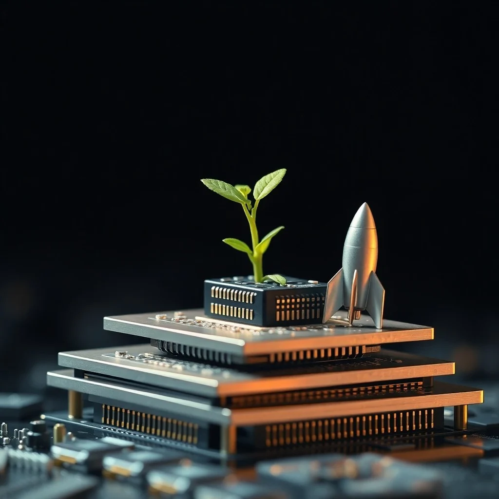 Renderizado isométrico de una red de nodos interconectados con flechas de flujo de datos y capital, rodeados de elementos abstractos que representan ideas y oportunidades, con un fondo oscuro y luces de neón.