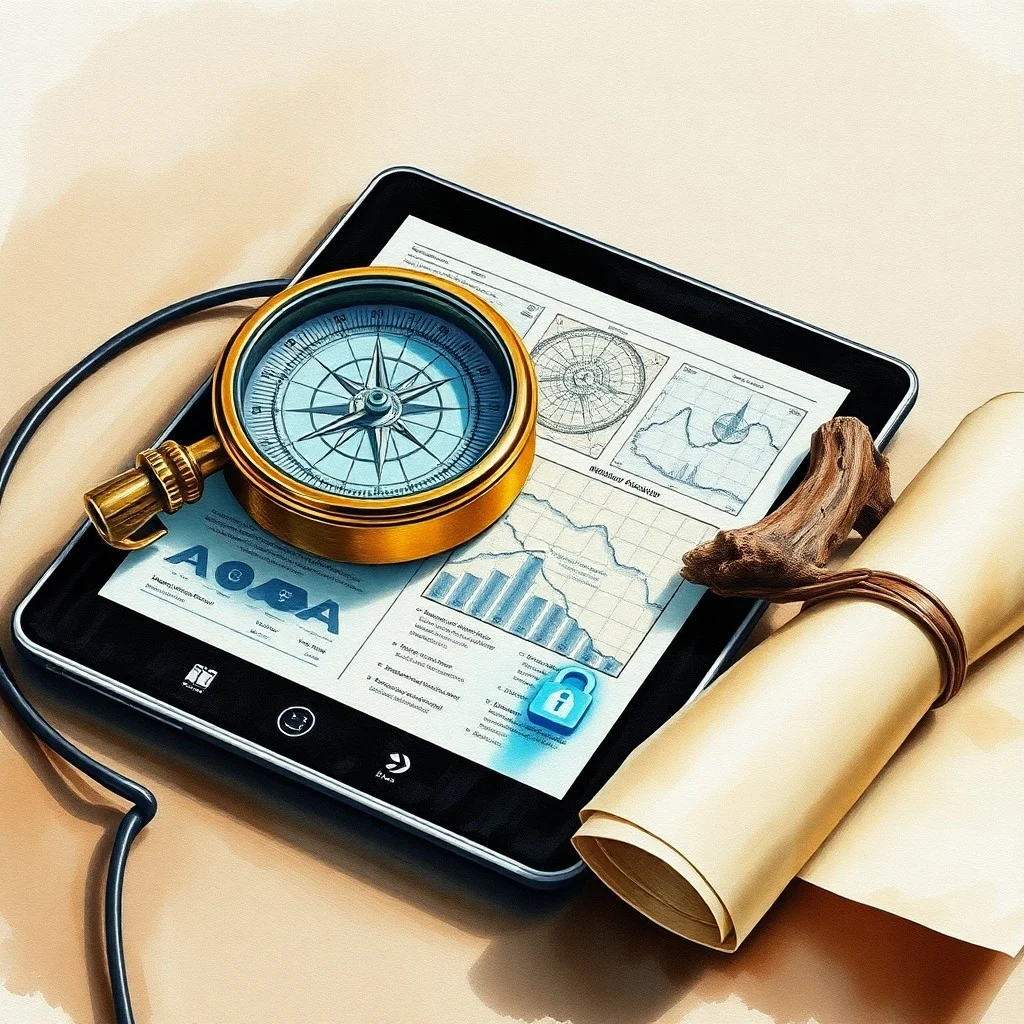 Primer plano de una bitácora de capitán abierta junto a una tablet moderna, simbolizando la fusión de tradición y tecnología en la gestión de riesgos marítimos.