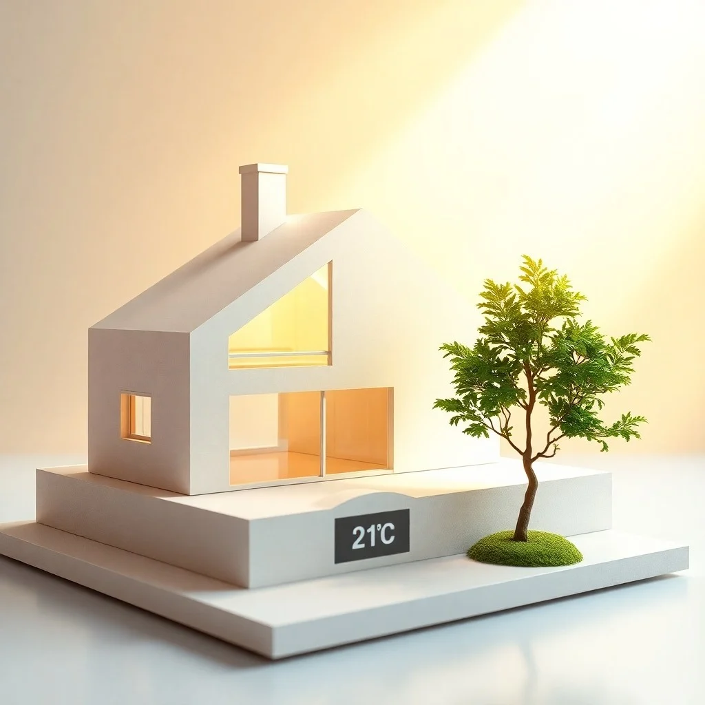 Render 3D de una sección de pared con múltiples capas de aislamiento y una ventana de alto rendimiento, ilustrando la construcción sin puentes térmicos.