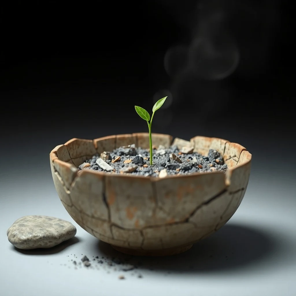 Diario abierto con una planta creciendo de tierra agrietada, simbolizando el crecimiento personal tras la adversidad.