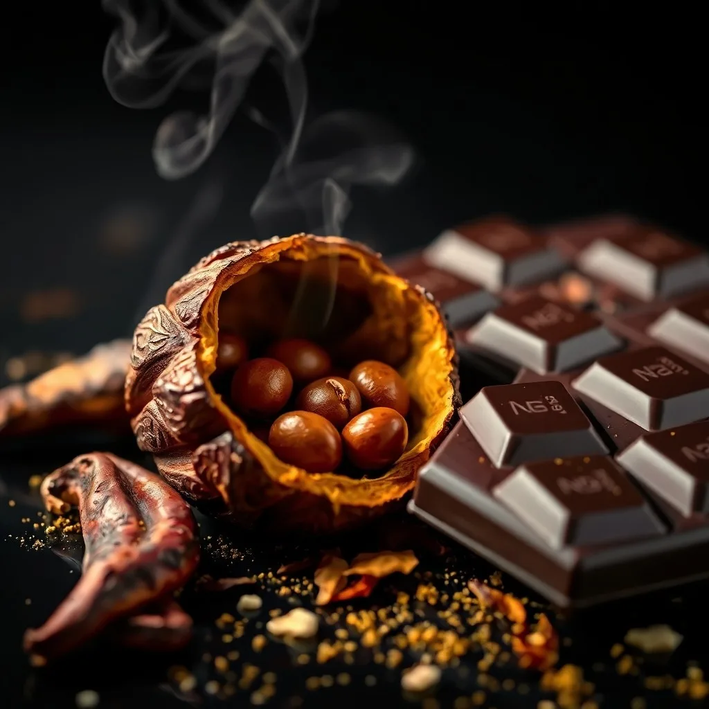 Arte conceptual de una barra de chocolate oscuro derritiéndose con rutas de comercio globales.