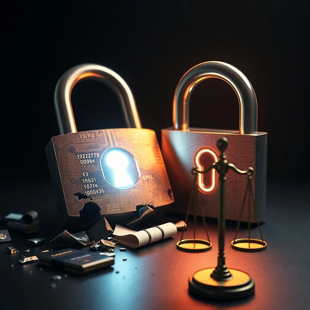 Fotografía de un teléfono inteligente roto mostrando un correo electrónico de phishing borroso, rodeado de tarjetas de crédito y un documento legal quemado, en un ambiente oscuro.