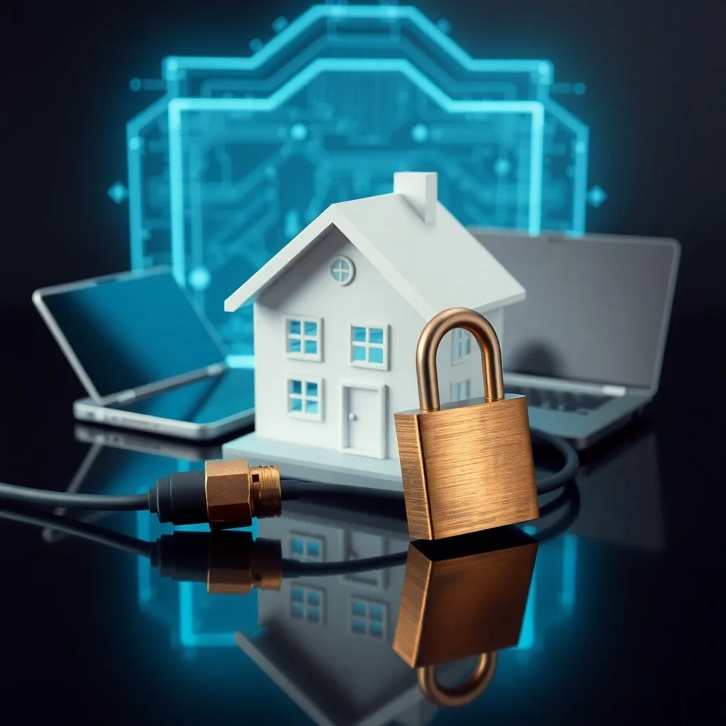 Dispositivos inteligentes como un altavoz, cámara y bombilla, rodeados por una barrera de energía conceptual, simbolizando la seguridad de IoT.