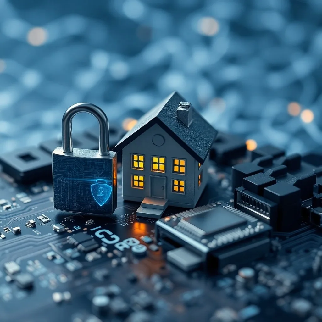 Primer plano macro de un icono de candado digital con patrones de circuito, sobre bloques de datos brillantes, con un router Wi-Fi borroso de fondo, simbolizando la seguridad de la red doméstica.
