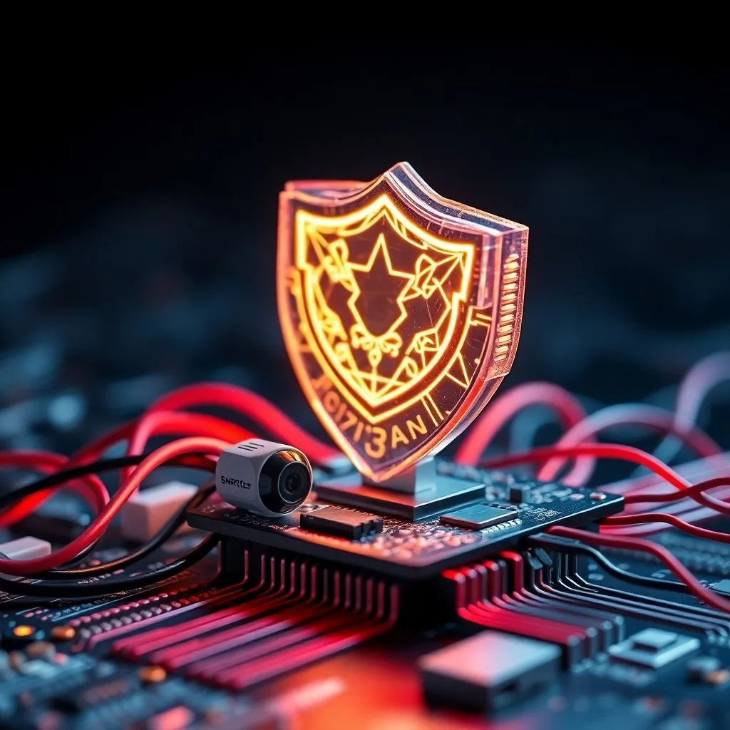 Pintura digital abstracta de un firewall digital con líneas luminosas, defendiéndose de formas oscuras y pixeladas, simbolizando la lucha contra las amenazas cibernéticas en el IoT.