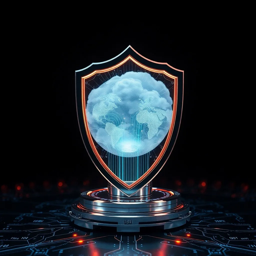 Fortaleza digital en la nube con capas de seguridad y datos protegidos.