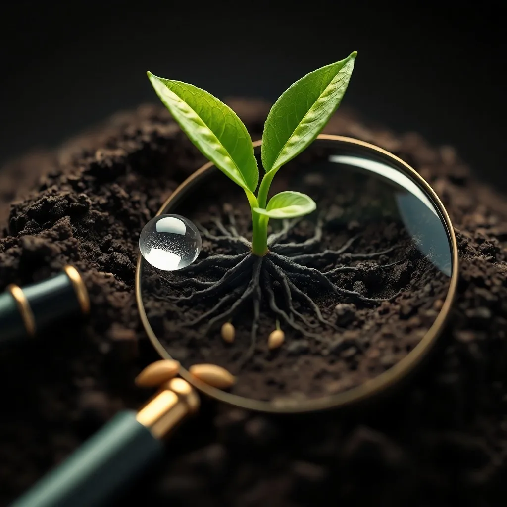 Fotografía cinematográfica de instrumentos científicos antiguos para el estudio del suelo, con un frasco de compost y una plántula.