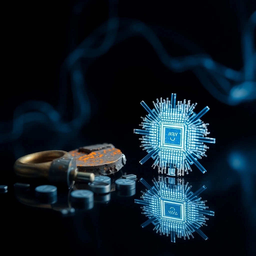 Fotografía de un rack de servidor antiguo y gastado con sutiles circuitos brillantes inspirados en la mecánica cuántica, en un laboratorio de alta tecnología con poca luz, enfocado en las texturas y la iluminación.