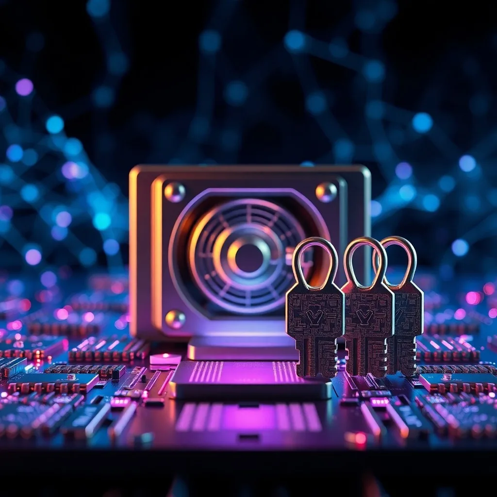 Fotografía cinematográfica de una caja fuerte antigua con circuitos brillantes