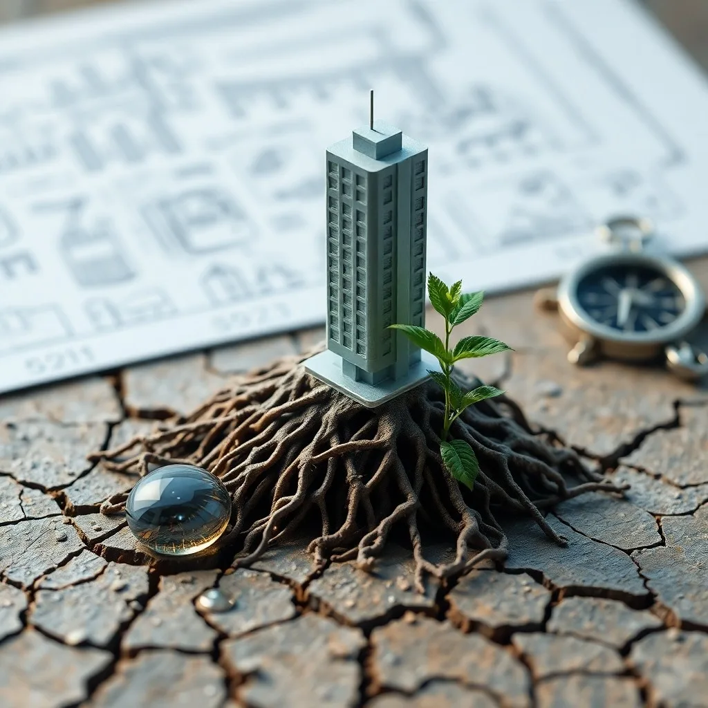 Primer plano de un plano urbano con sistemas de gestión de agua y una hoja verde, simbolizando la integración de la naturaleza en el diseño urbano.