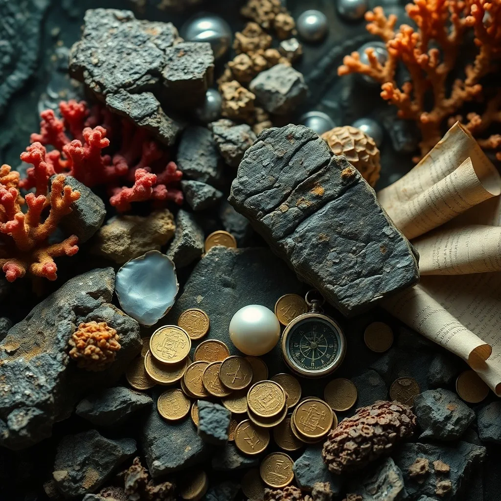 Pintura al óleo abstracta de fragmentos de cerámica antigua y artefactos metálicos corroídos en el fondo marino, con colores apagados y texturas ricas.