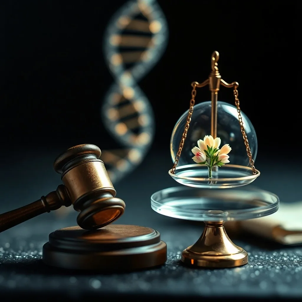Renderizado isométrico 3D de un laboratorio futurista con superficies blancas estériles, una máquina de secuenciación genética brillante en el centro, diagramas de ADN y una tableta digital con código, plantas minimalistas en contenedores transparentes.