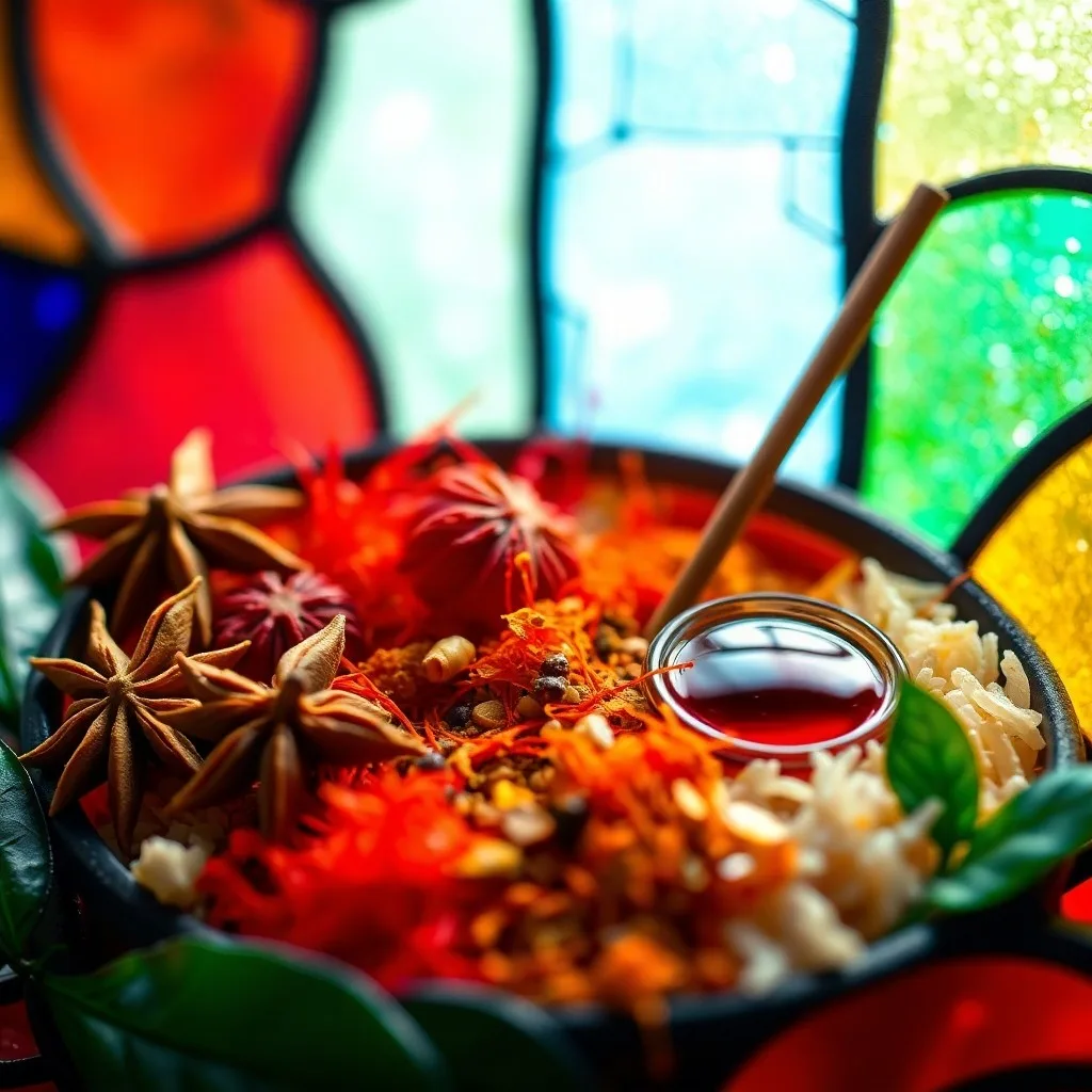 Pintura acuarela abstracta de un vórtice de colores y texturas de alimentos, fusionando patrones culturales en un paisaje culinario unificado.