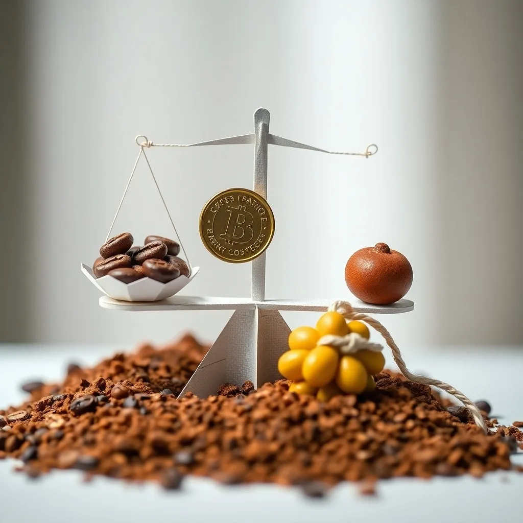 Bodegón de una bolsa de café con certificación de comercio justo, una taza artesanal y una flor de café.