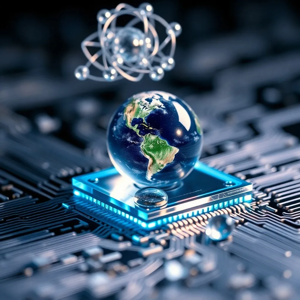 Globo terráqueo antiguo con proyecciones holográficas de datos climáticos y un circuito cuántico
