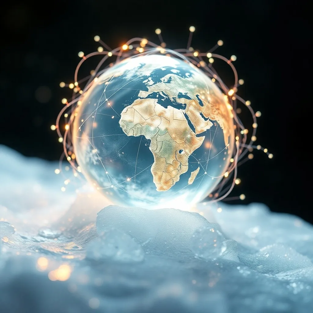 Renderizado isométrico de infraestructura energética interconectada con símbolos cuánticos