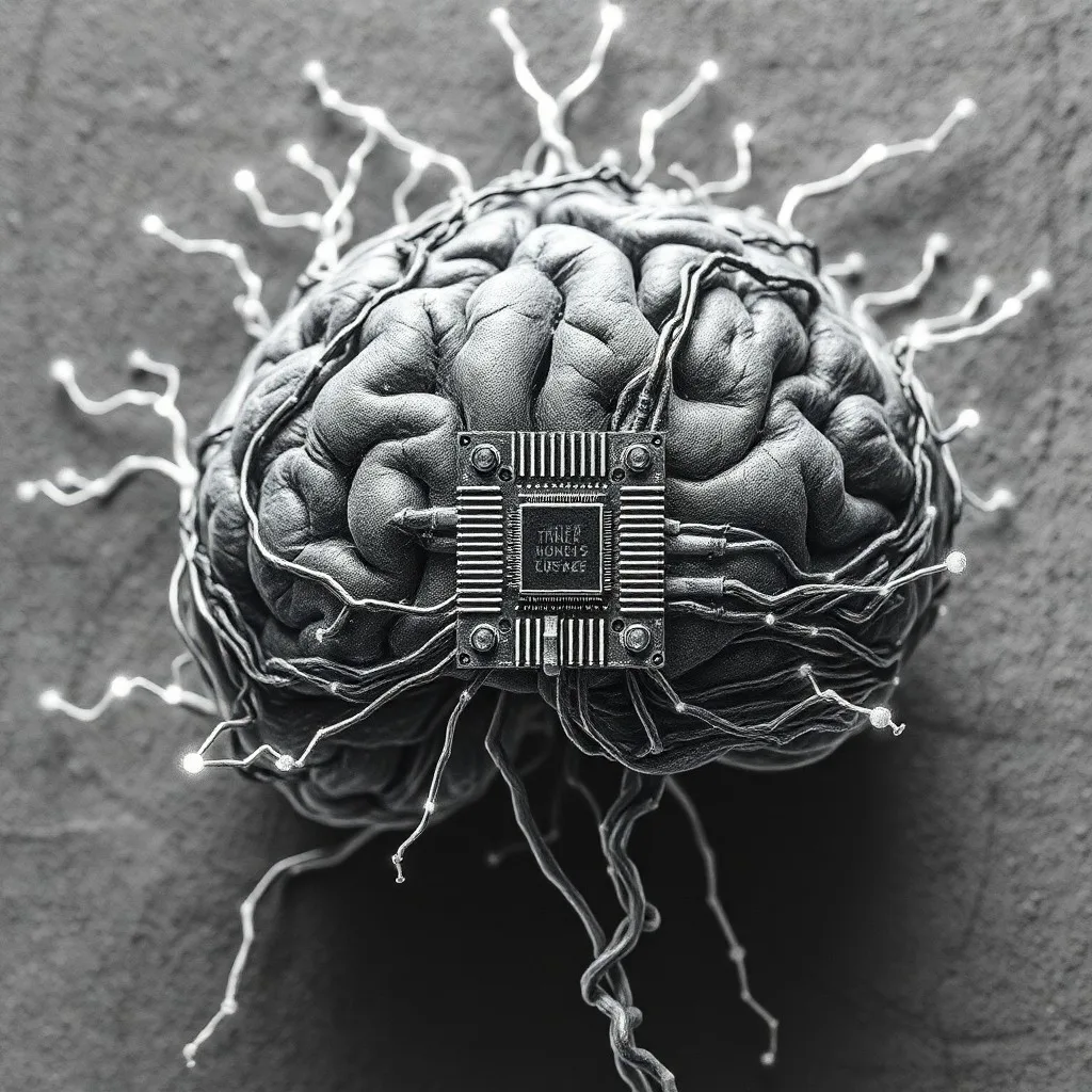 Primer plano cinematográfico de un conjunto de chips neuromórficos intrincados a microescala sobre una superficie oscura y reflectante, iluminados con luces azules y verdes sutiles, que simbolizan el bajo consumo de energía y las interconexiones complejas.