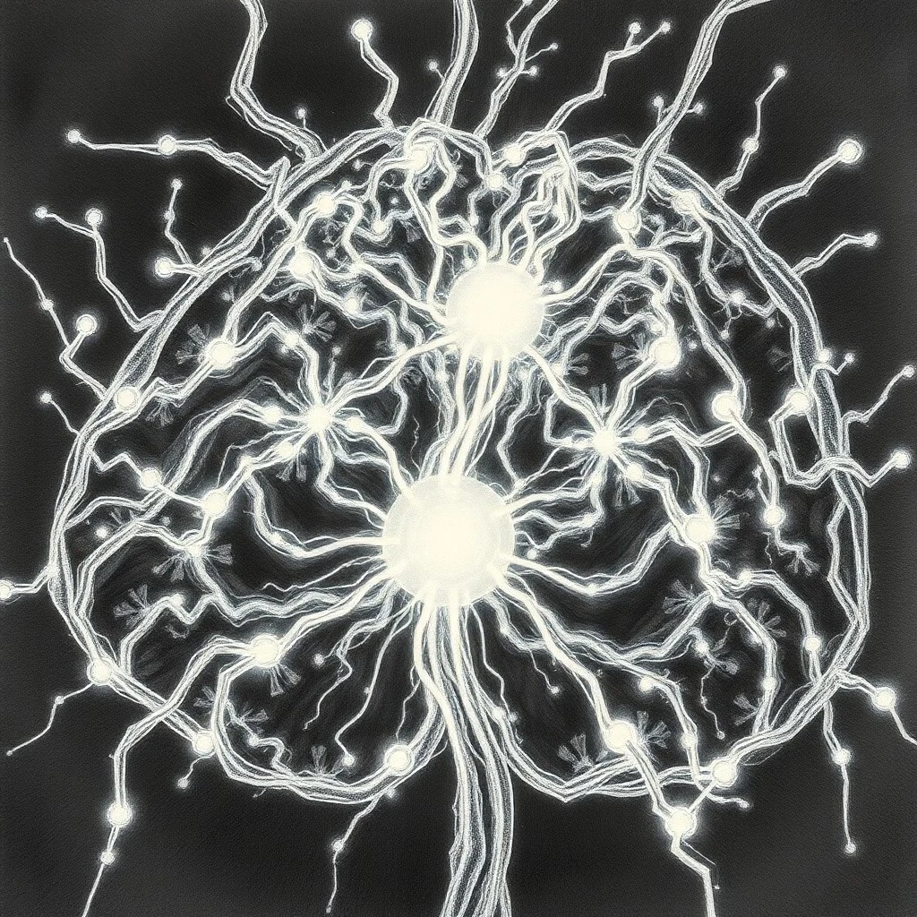 Renderizado 3D conceptual de una red neuronal en evolución, con zarcillos brillantes que conectan nodos geométricos en un espacio vasto y etéreo, simbolizando el aprendizaje y la adaptabilidad futuros de la IA, con iluminación suave y difusa en tonos morados profundos y cian.
