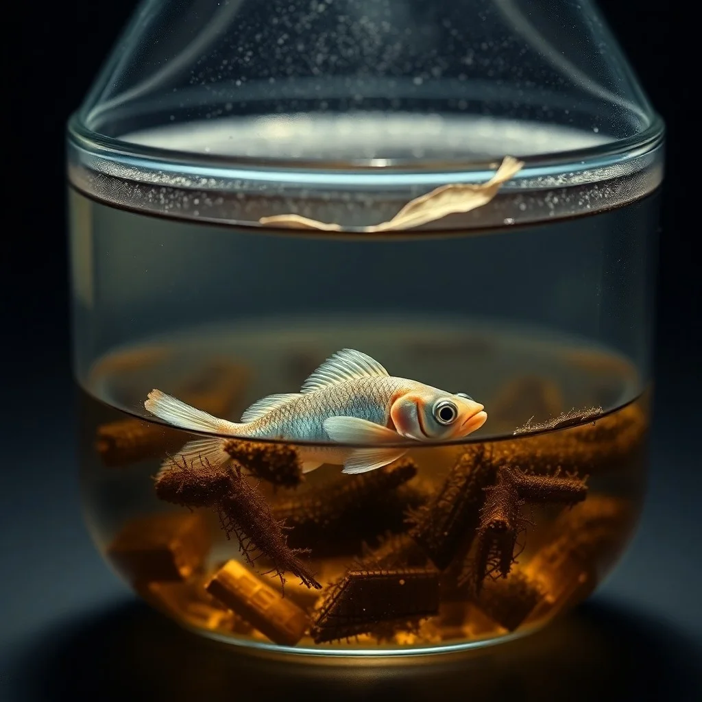 Render 3D de una esfera de cristal sumergida en agua clara, reflejando un arrecife de coral vibrante, con un campo de filtración invisible.